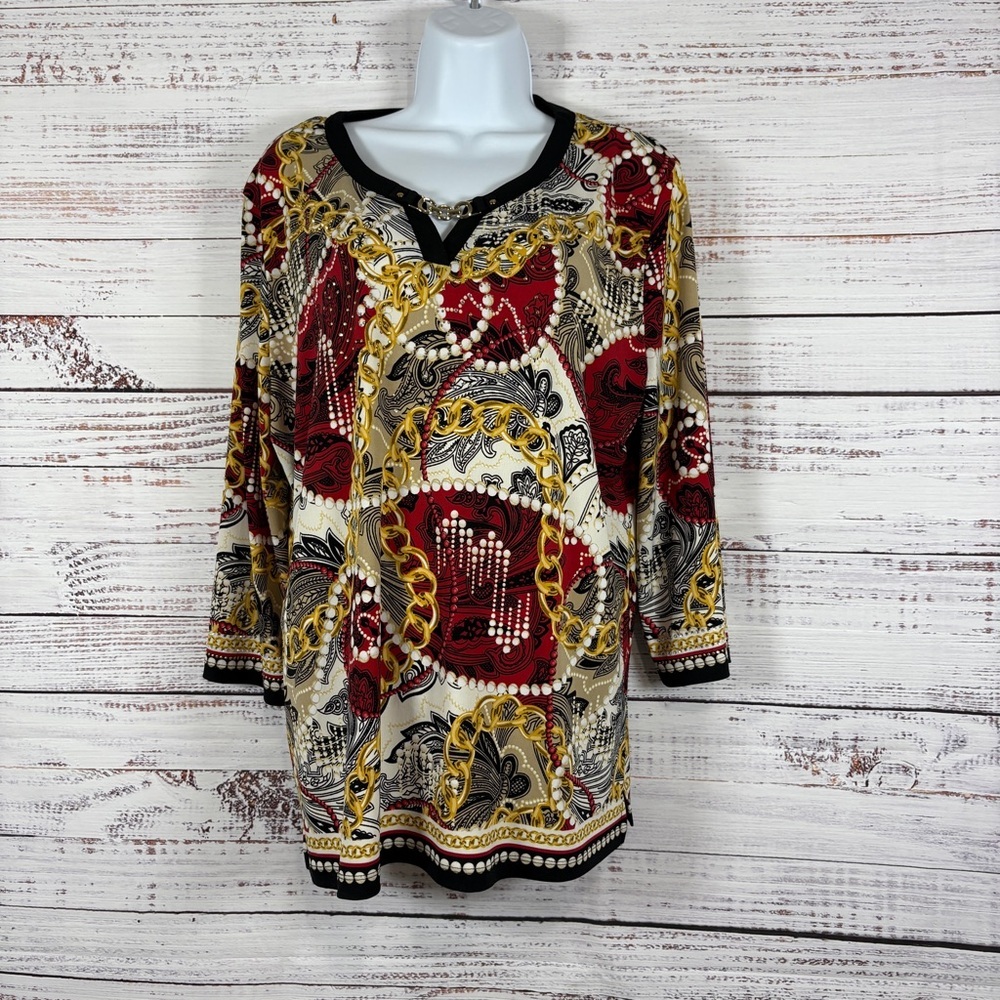 JM Collection Multicolor Print Embellished 3/4 Sleeve Blouse